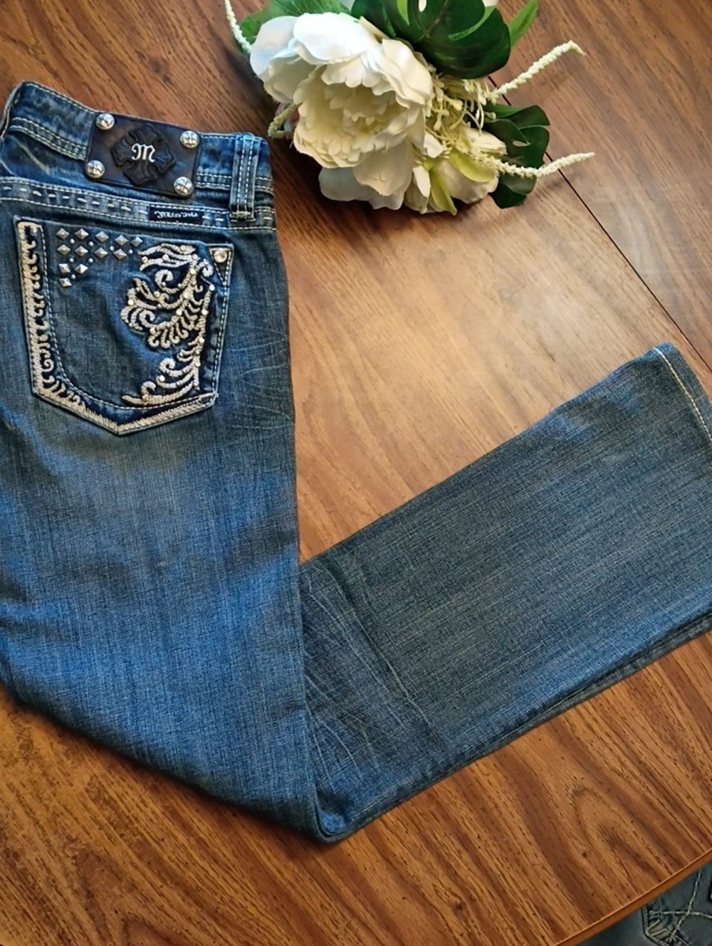 😍Miss Me Mid Blue Straight Leg Jeans with Embroidered Stud Pocket